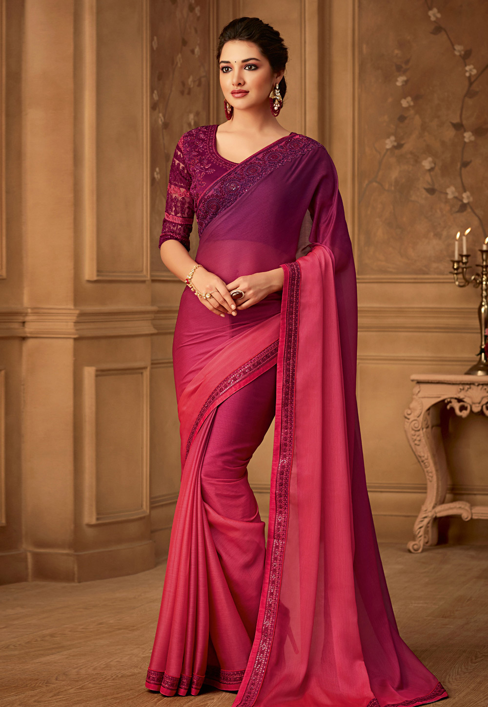 Pink silk embroidered saree  with blouse 516